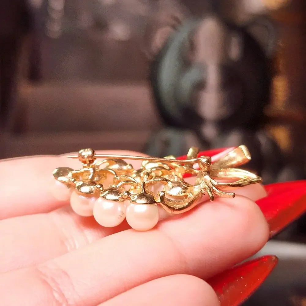 Vintage 14K Gold Cultured Pearl Grape Cluster Brooch Mid Century 1950s 9.71g